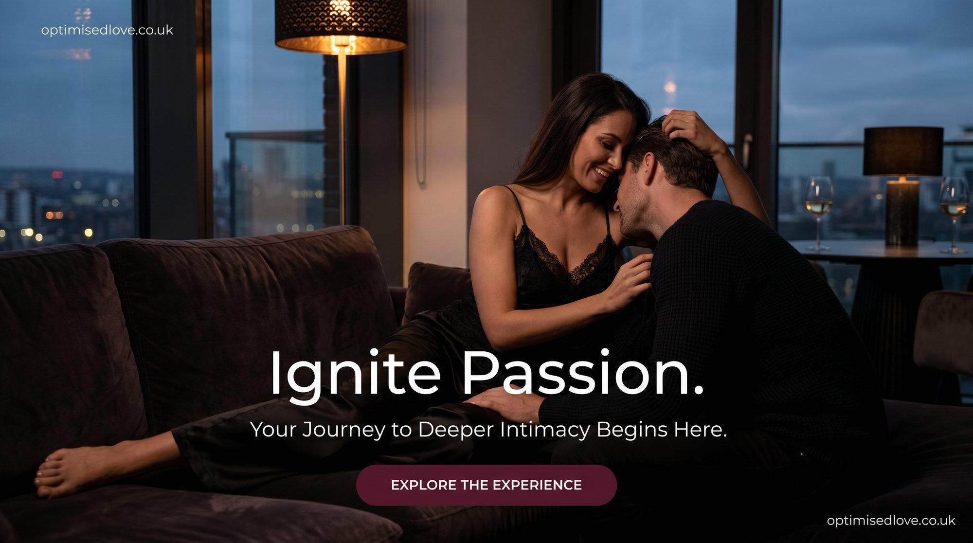 A couple sharing an intimate, relaxed evening together in a warm city apartment — Optimised Love: sexual wellbeing, optimised.